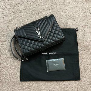 Saint Laurent YSL Envelope Silver Hardware Shoulder Bag Medium Black Leather